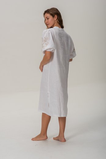 Imagen de Pampa - Vestido de Lino Bordado con Mangas Abullonadas Blanco