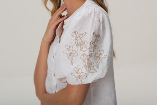 Imagen de Pampa - Vestido de Lino Bordado con Mangas Abullonadas Blanco