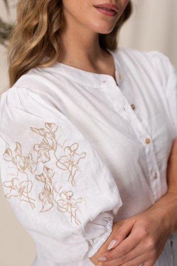 Imagen de Pampa - Vestido de Lino Bordado con Mangas Abullonadas Blanco