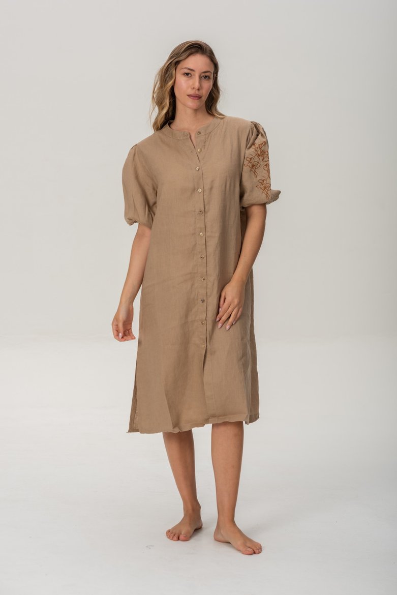 Imagen de Pampa - Vestido de Lino Bordado con Mangas Abullonadas Beige