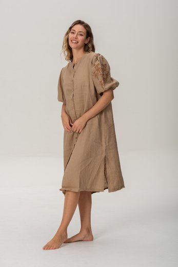 Imagen de Pampa - Vestido de Lino Bordado con Mangas Abullonadas Beige