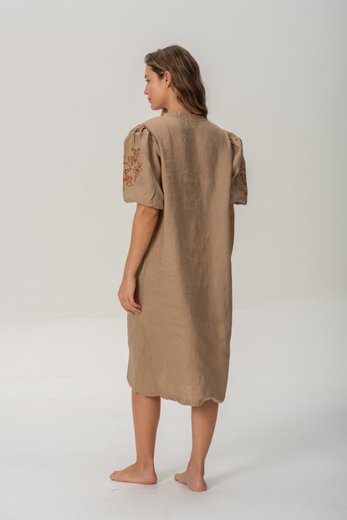 Imagen de Pampa - Vestido de Lino Bordado con Mangas Abullonadas Beige