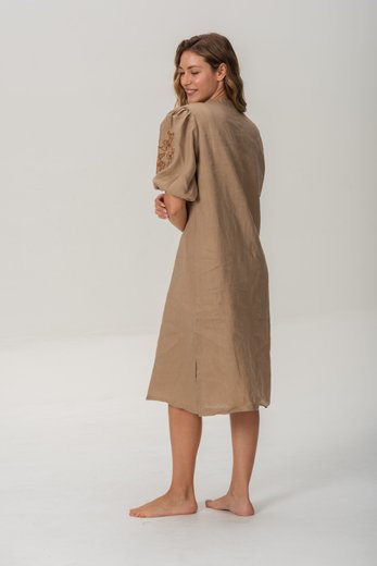 Imagen de Pampa - Vestido de Lino Bordado con Mangas Abullonadas Beige
