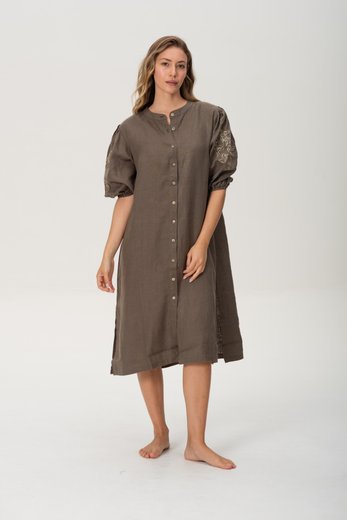 Imagen de Pampa - Vestido de Lino Bordado con Mangas Abullonadas Verde Oliva