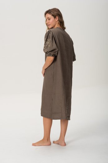 Imagen de Pampa - Vestido de Lino Bordado con Mangas Abullonadas Verde Oliva