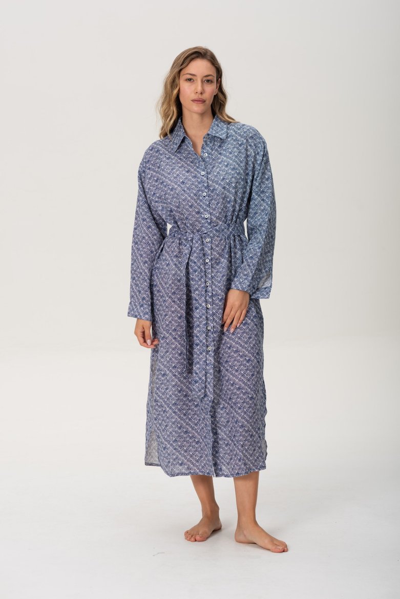 Imagen de Brisa - Vestido Camisero de Lino Estampado Azul