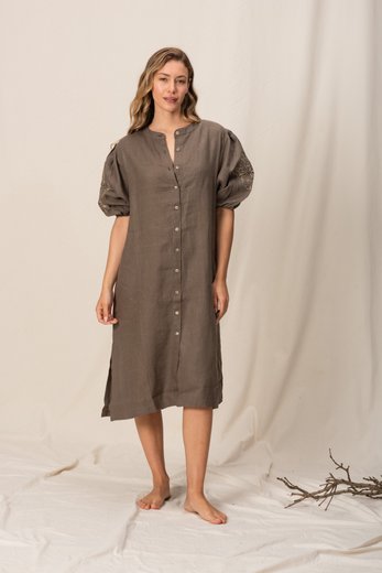 Imagen de Pampa - Vestido de Lino Bordado con Mangas Abullonadas Verde Oliva