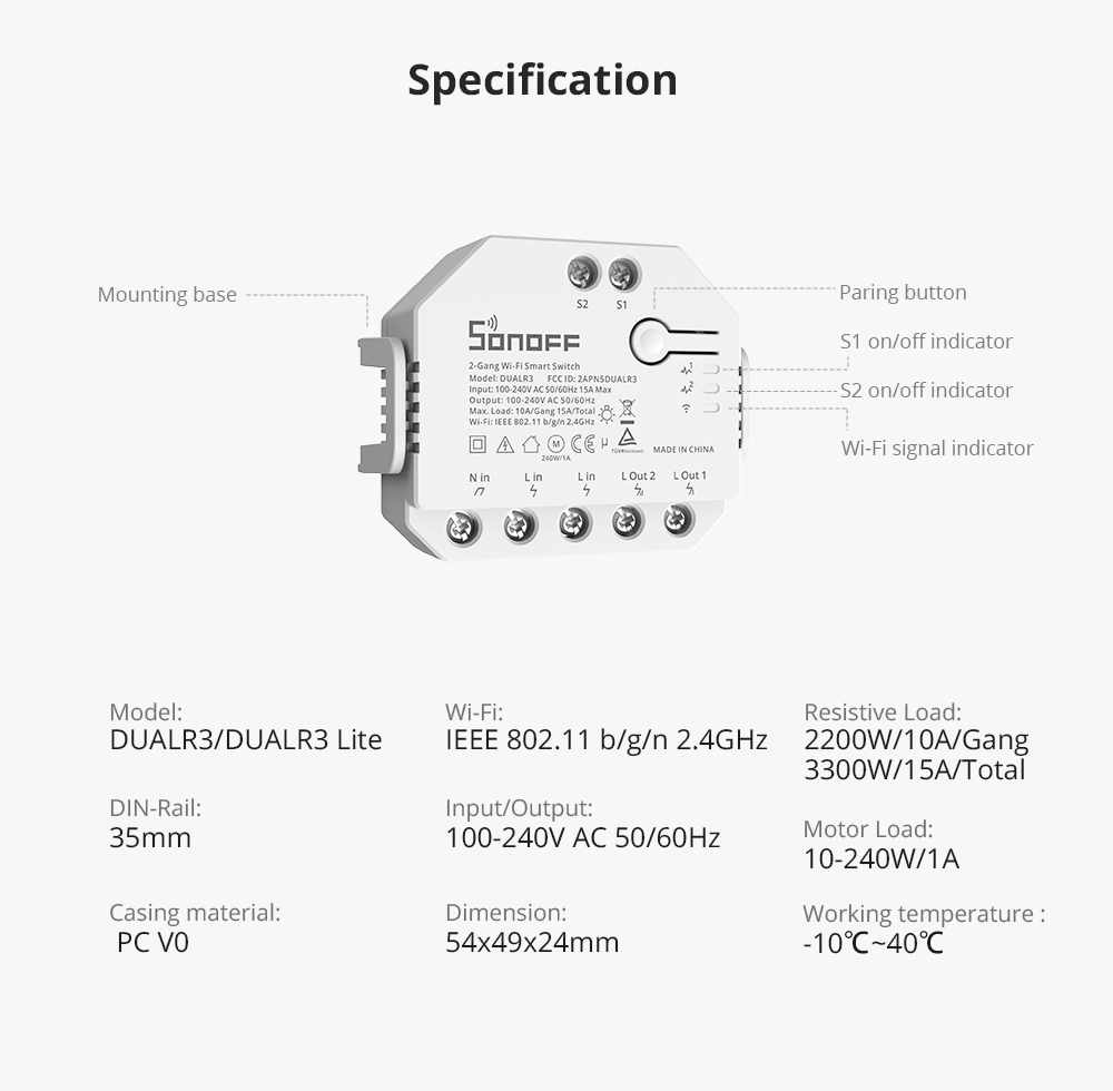 Imagen de Sonoff Dualr3 Lite Interruptor Inteligente Wifi