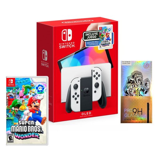 Imagen de Nintendo Switch OLED Blanca + Super Mario Wonder + Vidrio Templado