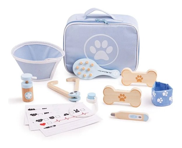 Imagen de Juego Valija de veterinario, disfraz y piezas de madera Bigjigs
