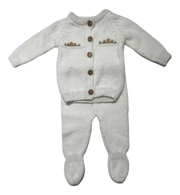 Imagen de Conjunto Tejido A Mano Saco Y Pelele Con Pie Hipoaler Bebes  - Blanco - 0-3 meses