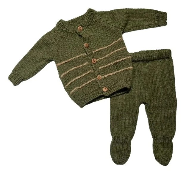 Imagen de Conjunto Tejido A Mano Saco Y Pelele Con Pie Hipoaler Bebes  - Verde - 0-3 meses