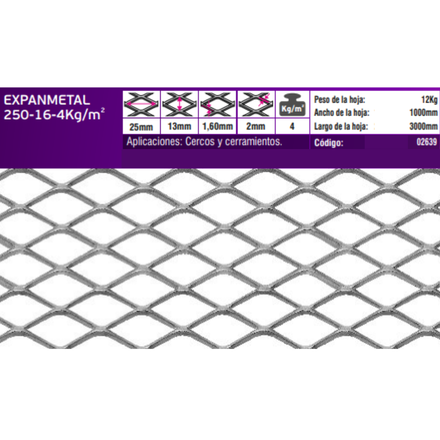 Imagen de EXPANMETAL acero 1.00 x3.00 mt. 250.16 4.00 kg/m2 cod.02639