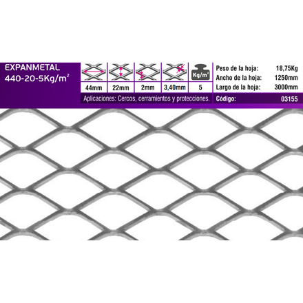Imagen de EXPANMETAL acero 1.25 x3.00 mt. 440.20 5.00 kg/m2 cod.03155