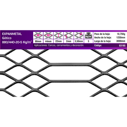 Imagen de EXPANMETAL acero 1.25x3.00mt. Gótico 880/440-20 5k/m2 cod.3195