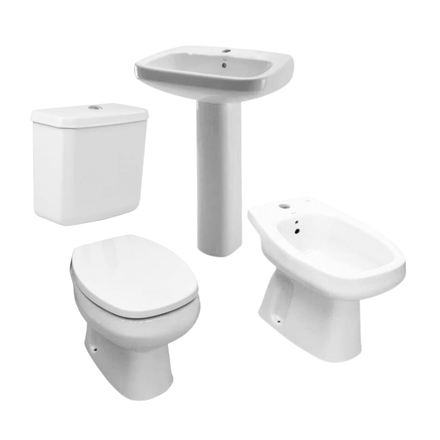 Imagen de Juego baño Monaco corto 5 piezas inodoro+ depósito+ lavatorio y bidet 1 ag+ columna+ asiento