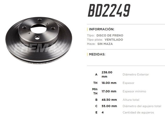 Imagen de DISCO FRENO DEL VENT TOYOTA COROLLA 1992. . . 238MM
