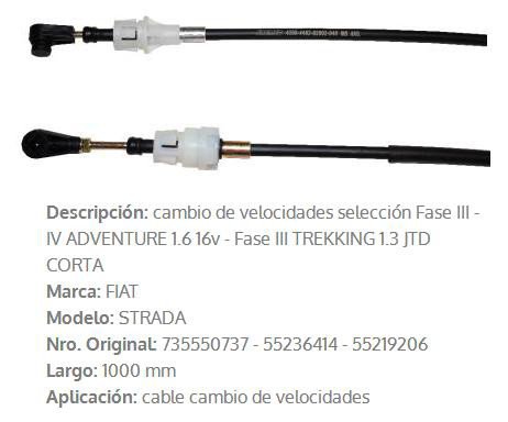 Imagen de CABLE SELECTOR DE CAMBIOS FIAT STRADA 1.6 16V 1095MM