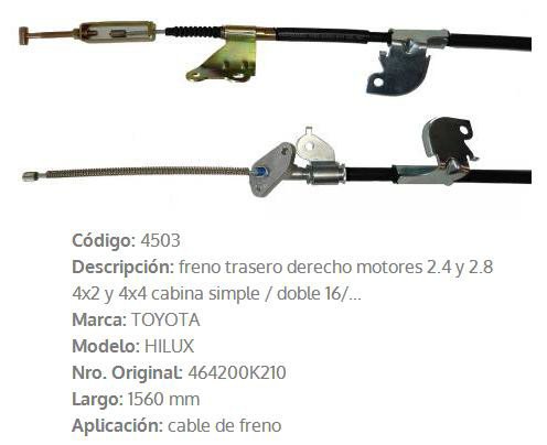 Imagen de CABLE DE FRENO TRASERO DERECHO TOYOTA HILUX 2016 1560MM