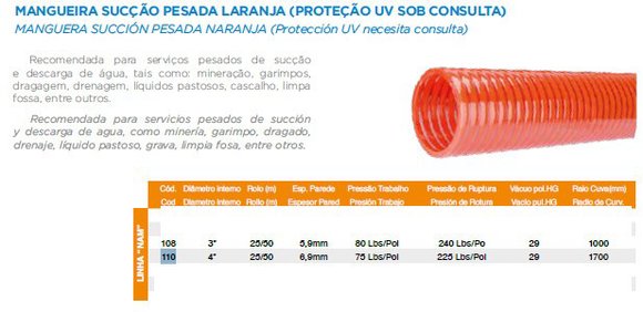 Imagen de ROLLO 25MTS MANGUERA SUCCION PESADA NARANJA 4" PARED 6,9MM