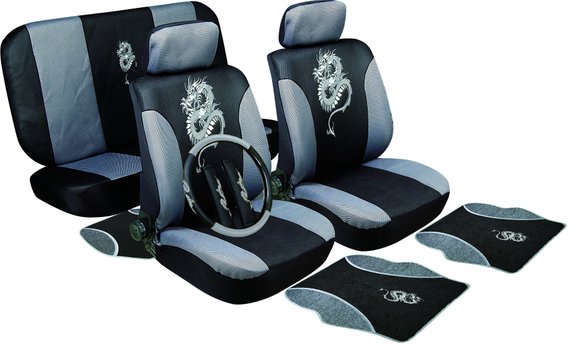 Imagen de KIT JUEGO FUNDAS CUBRE ASIENTO+ALFOMBRAS+CUBRE VOLANTE GRIS