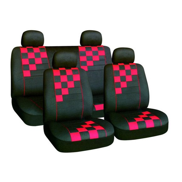 Imagen de JUEGO DE FUNDAS CUBRE ASIENTO NEGRA CON CUADRICULADO ROJO