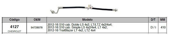 Imagen de FLEXIBLE FRENO DEL/IZQ CHEVROLET S10/BLAZER 2012/2016 410MM