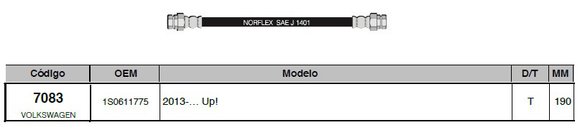 Imagen de FLEXIBLE FRENO TRAS VOLKSWAGEN UP 2015 EN ADELANTE 190MM