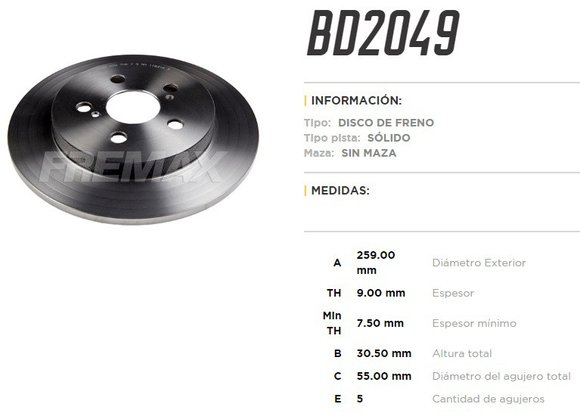 Imagen de DISCO FRENO TRAS TOYOTA COROLLA 1.8 11. . . 2.4 09-11 PRIUS