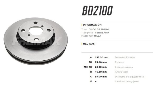Imagen de DISCO DE FRENO TOYOTA COROLLA 1.8I-1.6 16V/BYD F3/LIFAN 620