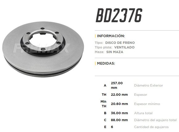 Imagen de DISCO FRENO DEL VENT GM LUV ISUZU 2.8TD 90-96 TROOPER