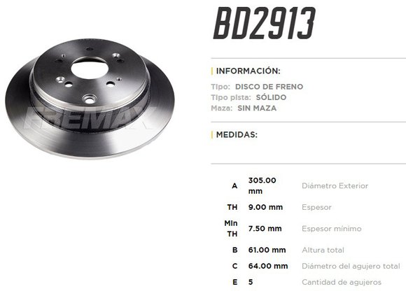 Imagen de DISCO FRENO TRAS HONDA CRV/CR-V 2.4 2006-2018 305MM