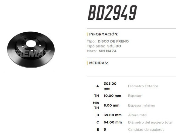 Imagen de DISCO FRENO TRAS VENT HONDA CRV/CR-V 1.5 2018. . . 305MM