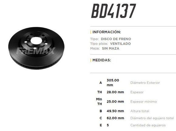 Imagen de DISCO FRENO DEL VENT TOYOTA RAV4 2019. . . 305MM