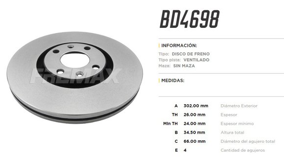Imagen de DISCO DE FRENO CITROEN C4 PICASSO 2.0 16V 2007- PG 307/3008