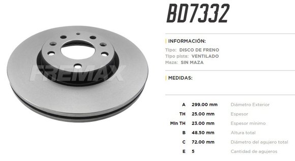 Imagen de DISCO DE FRENO DEL VENTILADO FORD FUSION 2006-2012 299MM