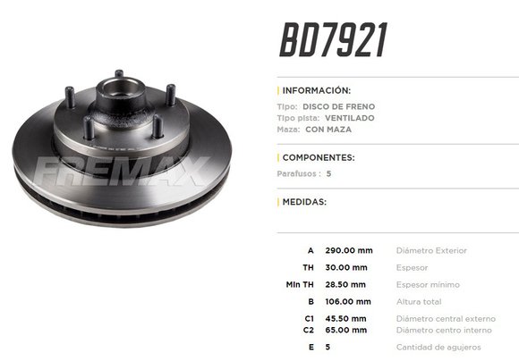 Imagen de DISCO DE FRENO FORD F100/F1000 HASTA 1993 C/MAZA 5 TORNILLOS