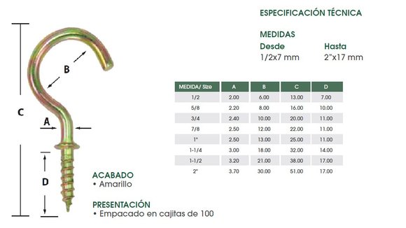 Imagen de PITON TIPO GANCHO/ABIERTO 1.1/2" 3,2X21X38X17MM AMARILLO