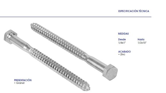 Imagen de TORNILLO HEXAGONAL TIRAFONDO 3/8X1.1/2 ZINCADO