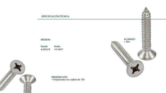 Imagen de TORNILLO CABEZA FREZADA PHS ROSCA CHAPA 8X1.1/4 ZINC.4,2MM