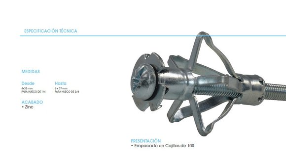 Imagen de TACO P/PARED HUECA M4X46 P/HUECO DE 1/4" COLOR ZINC