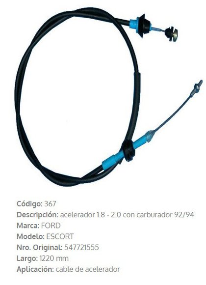 Imagen de CABLE DE ACELERADOR FORD ESCORT 1993/VERONA 1994 1220MM