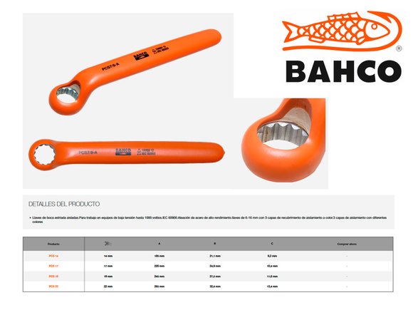 Imagen de LLAVE FIJA AISLADA BAHCO BAHCO 1000V (IEC 60900) 14 MM