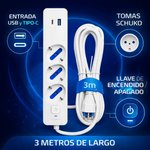 Imagen de ALARGUE 3 Tomas Schucko + USB + Tipo C  c/llave Encendido y Apagado 3mts Blanco Dense