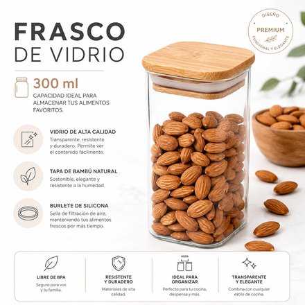 Imagen de FRASCO de Vidrio Tapa Bambu 300ml 6.5*6.5/12.5cm