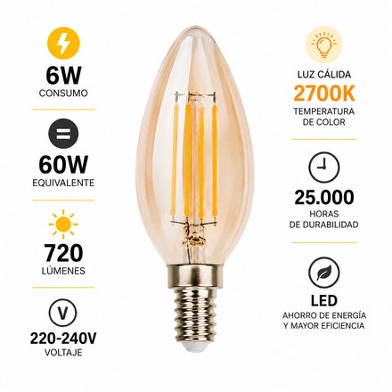 Imagen de LÁMPARA LED Vela E14 Vintage Ambar 6w Cálida VYBA