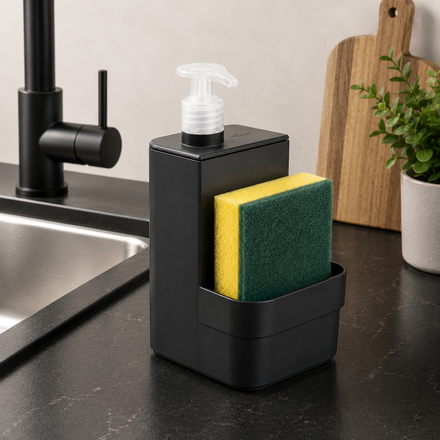 Imagen de DISPENSADOR C/Porta esponja Compact 500ml NEGRO Ou Trium 10x10x20cm H