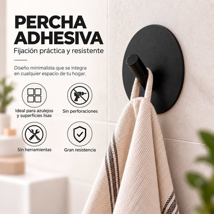 Imagen de PERCHA Adhesiva 1 Gancho Acero Negro Ø6cm