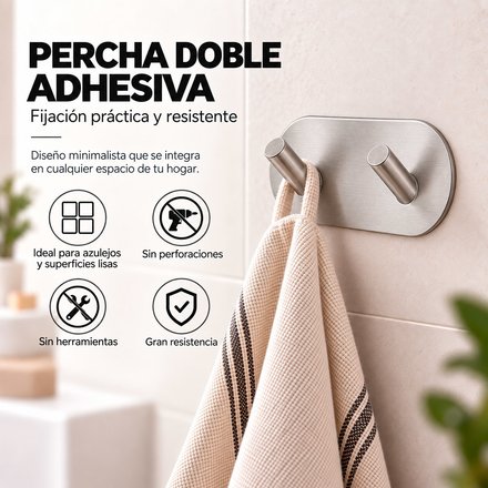 Imagen de PERCHA Adhesiva 2 Ganchos Acero 9.6x4.8x3cm Prof