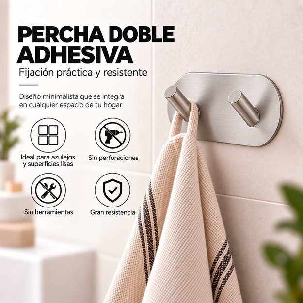 Imagen de PERCHA Adhesiva 2 Ganchos Acero 9.6x4.8x3cm Prof